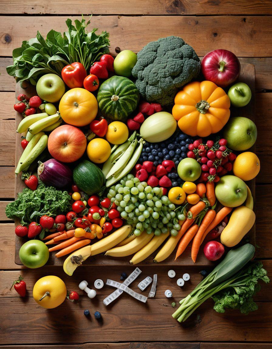 A vibrant, healthy spread of colorful fruits and vegetables artfully arranged on a rustic wooden table, with a scenic background of a tranquil nature setting. Incorporate elements of fitness, like a measuring tape and a dumbbell subtly placed within the scene. Highlight the theme of fat burning and weight management with a roadmap laid out beside the food, featuring healthy tips and motivational words. super-realistic. vibrant colors. nature background.