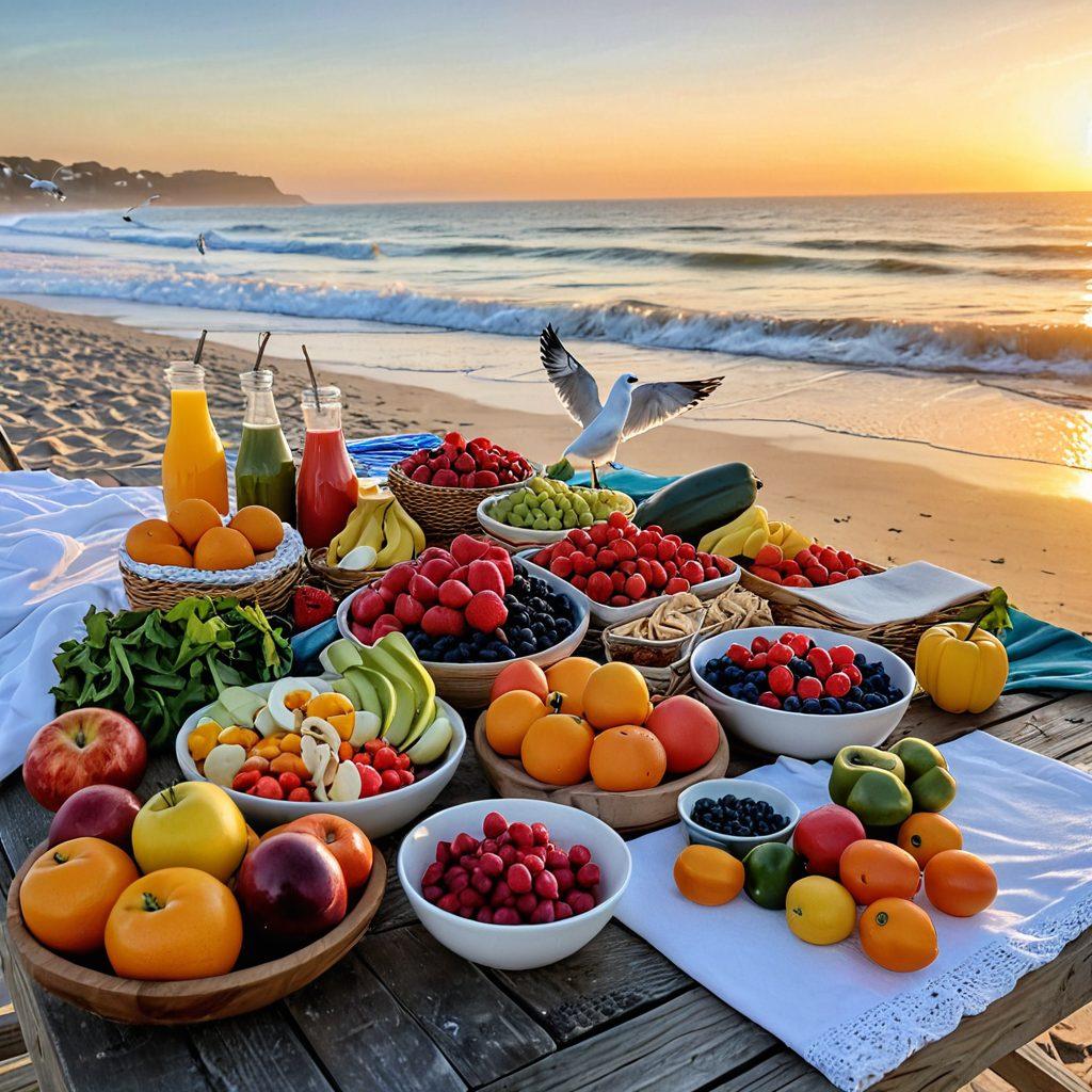 A serene beach scene at sunrise, where a fit person is joyfully preparing a colorful spread of fresh fruits, vegetables, and healthy meals on a picnic table with ocean waves gently lapping in the background. Include a yoga mat and exercise gear nearby to emphasize wellness and balance, with seagulls flying above. The warm colors of sunrise and the vibrant food create an inviting atmosphere. super-realistic. vibrant colors. 
